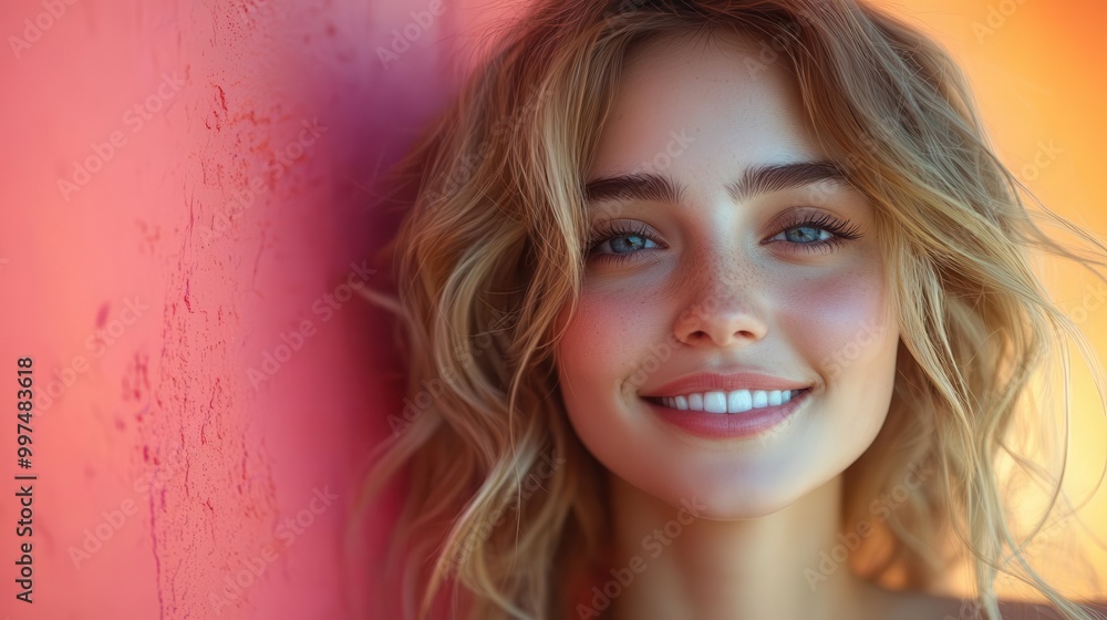 joyful young woman smiling brightly against a vibrant solid color background radiating positivity and confidence in a lively atmosphere joyful young woman smiling brightly against a vibrant solid color background radiating positivity and confidence in a lively atmosphere