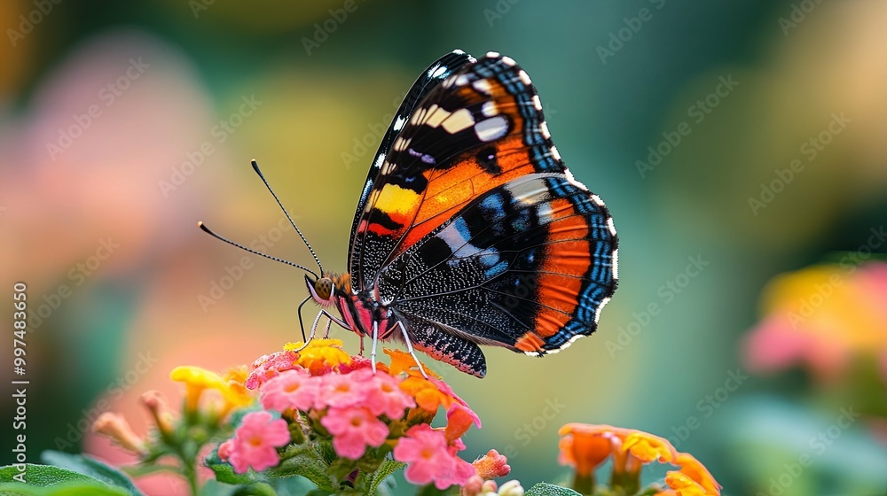 A Vibrant Butterfly Perched on Pink and Yellow Flowers A Vibrant Butterfly Perched on Pink and Yellow Flowers