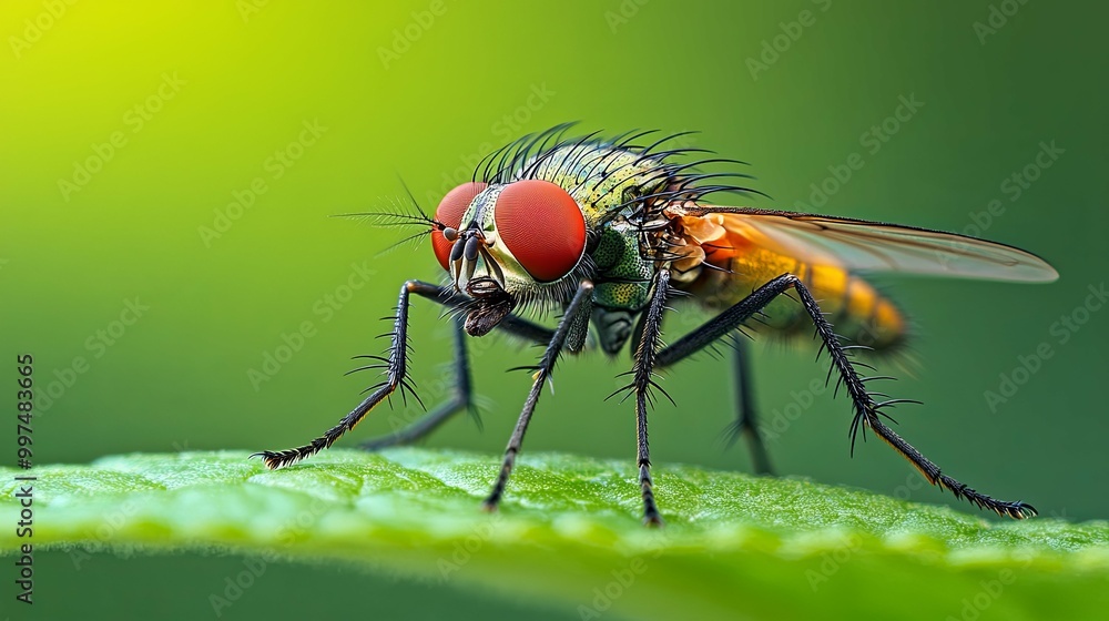 Green Fly with Large Red Eyes Perched on a Leaf Green Fly with Large Red Eyes Perched on a Leaf