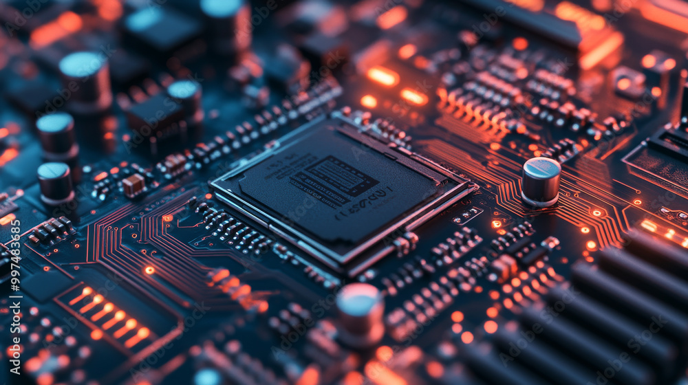 A computer's main parts, like the processor, graphics card, and circuit board, working together to transfer information. A computer's main parts, like the processor, graphics card, and circuit board, working together to transfer information.