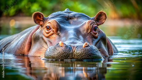 A close-up photo of a massive Hippopotamus resting in the water, Hippo, African wildlife, aquatic mammal, water
