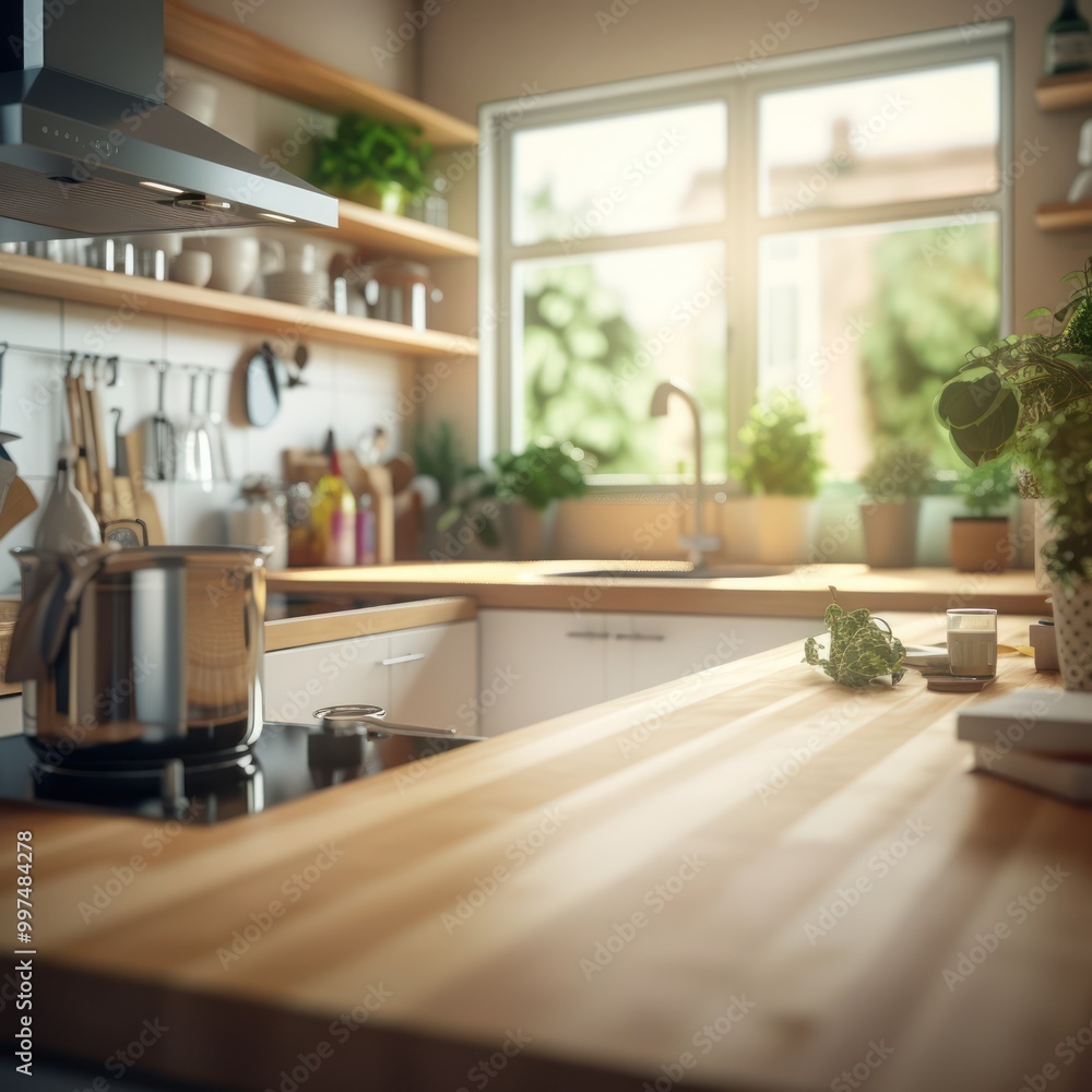 Fototapeta premium Modern Kitchen Interior with a Wooden Countertop and Sunlight Streaming Through the Window