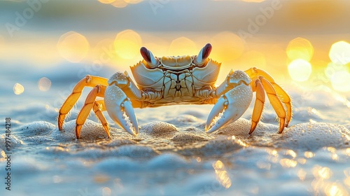 A Close-up of a Crab on a Beach at Sunset