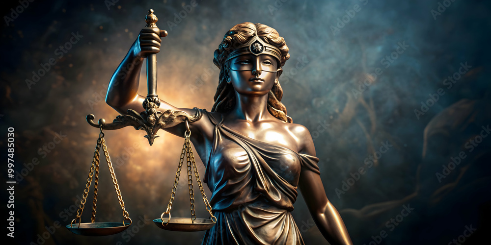 Fototapeta premium Closeup of the bronze statue of blindfolded Themis holding scales and a sword, with dramatic lighting, Justice, Themis, statue