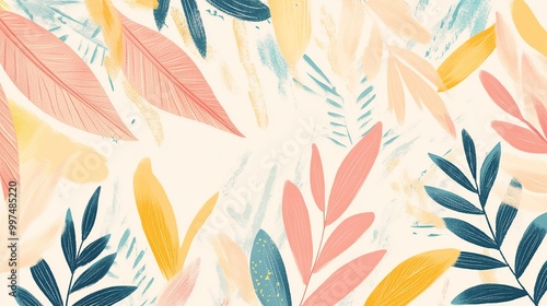 Colorful botanical pattern with leaves and textures.