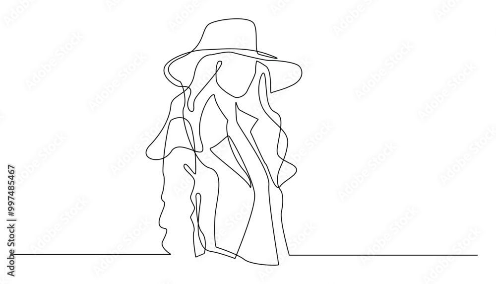continuous line of women's fashionable clothes with hats.single line of women with leather jackets and big hats continuous line of women's fashionable clothes with hats.single line of women with leather jackets and big hats