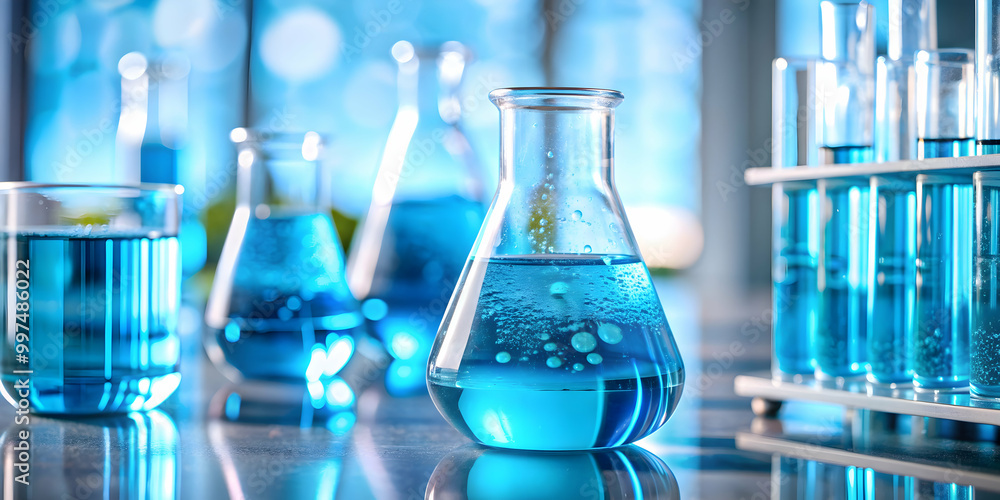 Close-up of refreshing and natural aqua blue bubble oil in a laboratory setting , freshness, nature, beauty, wellness, healthy