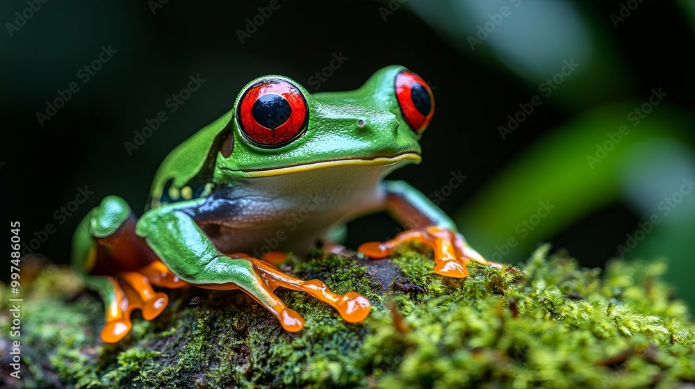 Red-Eyed Tree Frog Perched on Mossy Branch Red-Eyed Tree Frog Perched on Mossy Branch
