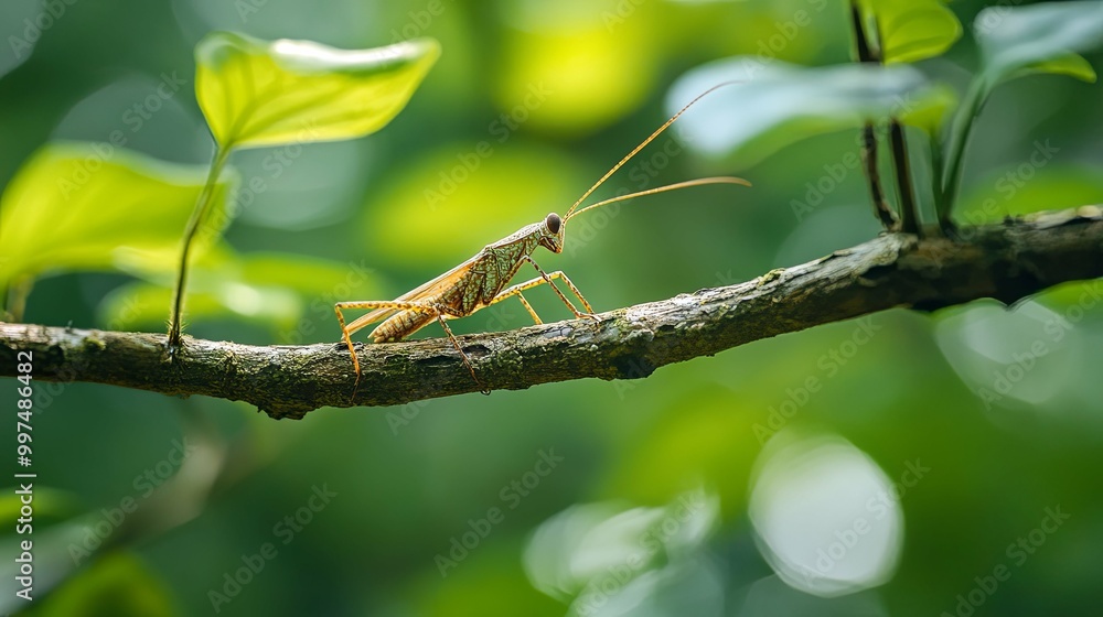 A Green Grasshopper Perched on a Branch in a Lush Forest Setting A Green Grasshopper Perched on a Branch in a Lush Forest Setting