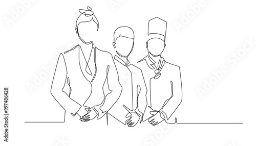continuous line of hotel waiter.single line drawing of hotel receptionist,hotel chef standing welcoming guests.single line drawing isolated white background