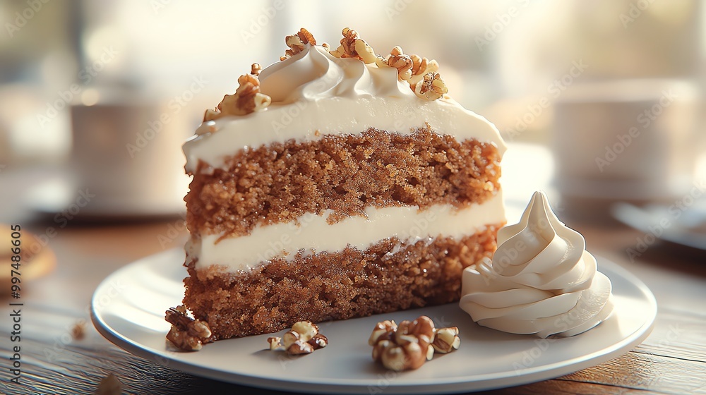 Carrot cake topped with swirls of cream cheese frosting and garnished with crushed walnuts, served with a side of whipped cream Carrot cake topped with swirls of cream cheese frosting and garnished with crushed walnuts, served with a side of whipped cream