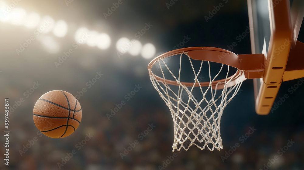 An image of a basketball going through a hoop after a rebound.