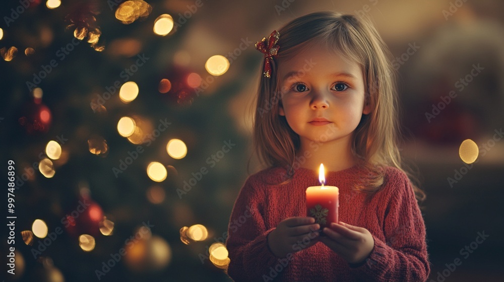 A young child in a red sweater holds a lit candle, her face illuminated by its warm glow against a backdrop of soft, twinkling Christmas lights. A young child in a red sweater holds a lit candle, her face illuminated by its warm glow against a backdrop of soft, twinkling Christmas lights.