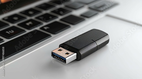 Black USB Flash Drive on a Laptop Keyboard