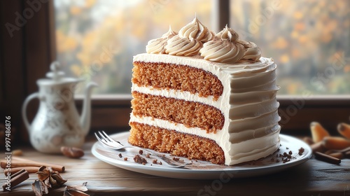 A slice of delicious pumpkin spice cake with cream cheese frosting, perfect for fall.