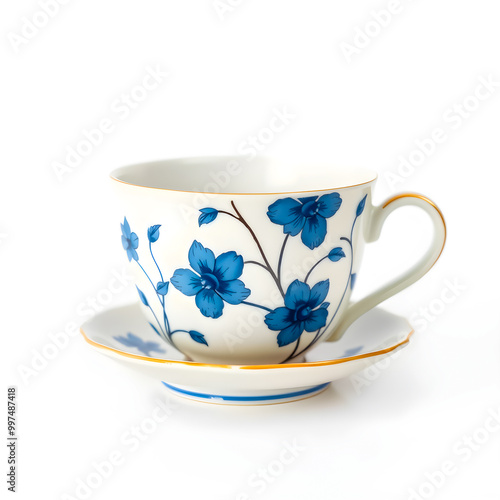 porcelain cup on a white background, closeup of photo