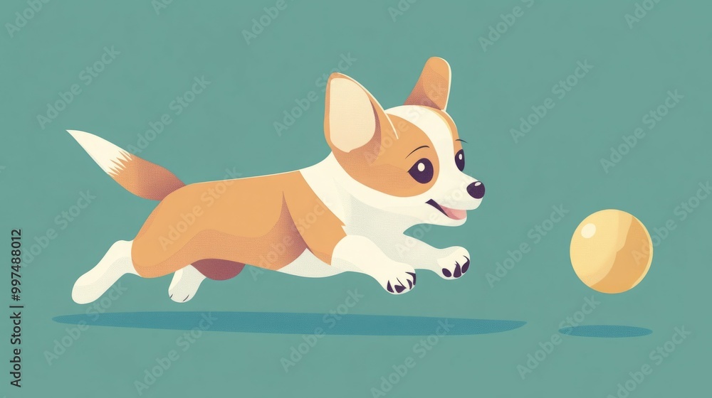 A cute cartoon corgi dog leaps for a yellow ball. A cute cartoon corgi dog leaps for a yellow ball.