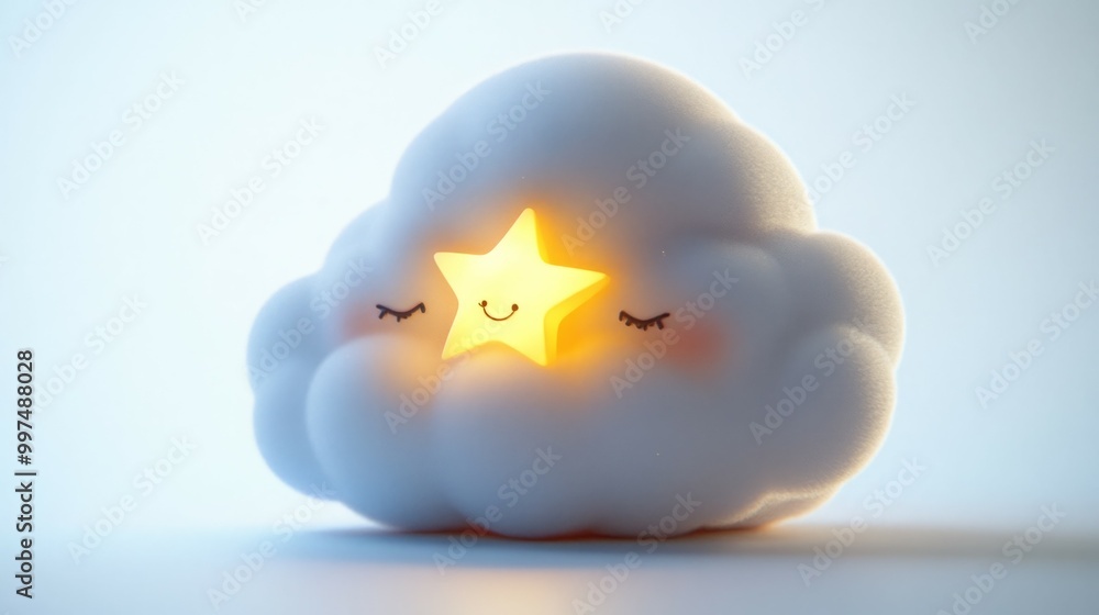 A fluffy white cloud with closed eyes cradles a glowing star with a smiley face. A fluffy white cloud with closed eyes cradles a glowing star with a smiley face.