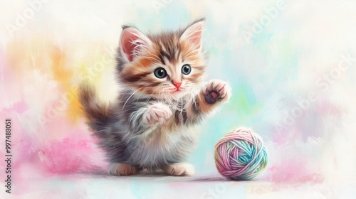 Cute kitten playing with yarn ball