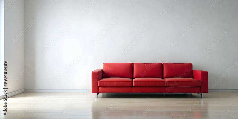 Big red sofa struggling to fit inside a small white room, oversized, furniture, interior design
