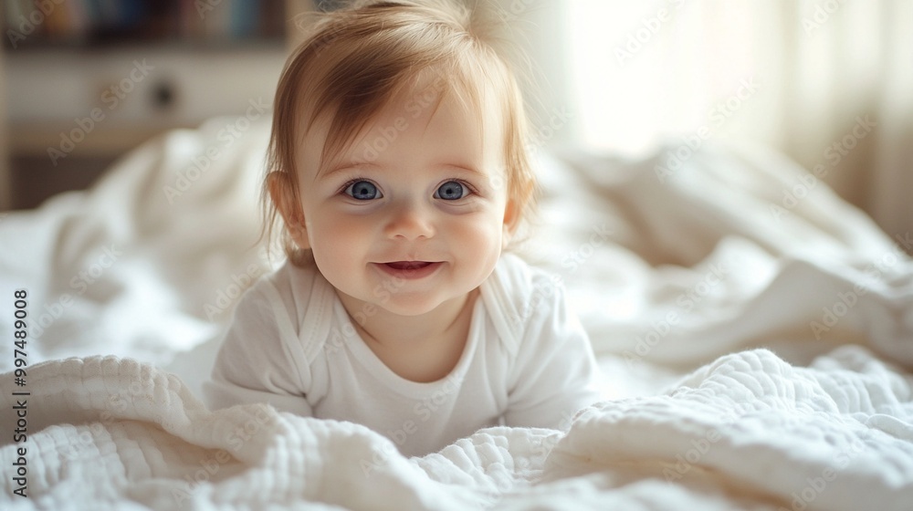Adorable baby with bright blue eyes and a heartwarming smile lies on cozy white bedding, radiating pure joy and innocence in a soft, natural light setting. Adorable baby with bright blue eyes and a heartwarming smile lies on cozy white bedding, radiating pure joy and innocence in a soft, natural light setting.