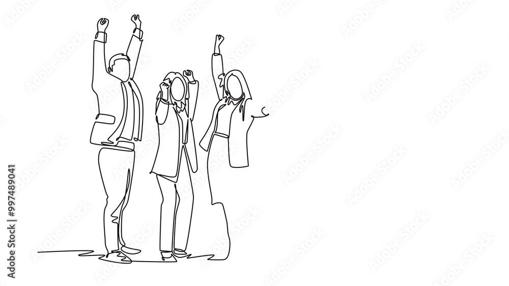Animated self drawing of continuous line draw group young happy male and female workers raising hands together in office room. Business teamwork celebration concept. Full length single line animation Animated self drawing of continuous line draw group young happy male and female workers raising hands together in office room. Business teamwork celebration concept. Full length single line animation