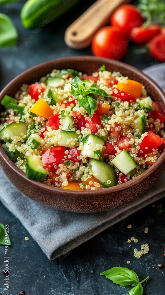 Fresh and vibrant quinoa salad with colorful vegetables in a rustic bowl. Healthy Mediterranean cuisine featuring tomatoes, cucumbers, and herbs for a light meal. Fresh and vibrant quinoa salad with colorful vegetables in a rustic bowl. Healthy Mediterranean cuisine featuring tomatoes, cucumbers, and herbs for a light meal.