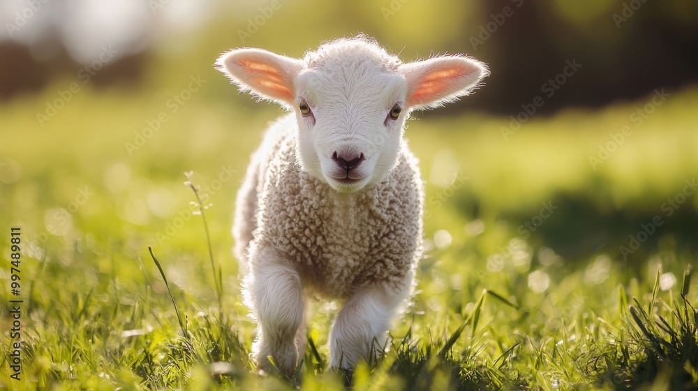Obraz premium A close-up of a newborn lamb taking its first steps in a grassy field