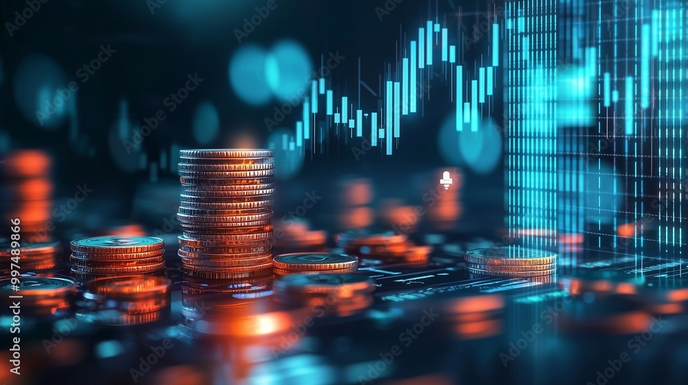 Stacks of coins and financial graphs symbolize algorithmic trading for profit. Stacks of coins and financial graphs symbolize algorithmic trading for profit.