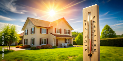 Temperature rising in a house thermometer during a summer heat wave, hot, heat, wave, summer, thermometer, high, temperature