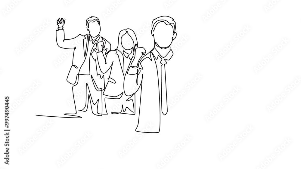 Animated self drawing of continuous line draw of young happy company founder and team celebrate with joy at the investor office together. Business teamwork celebration. Full length one line animation Animated self drawing of continuous line draw of young happy company founder and team celebrate with joy at the investor office together. Business teamwork celebration. Full length one line animation