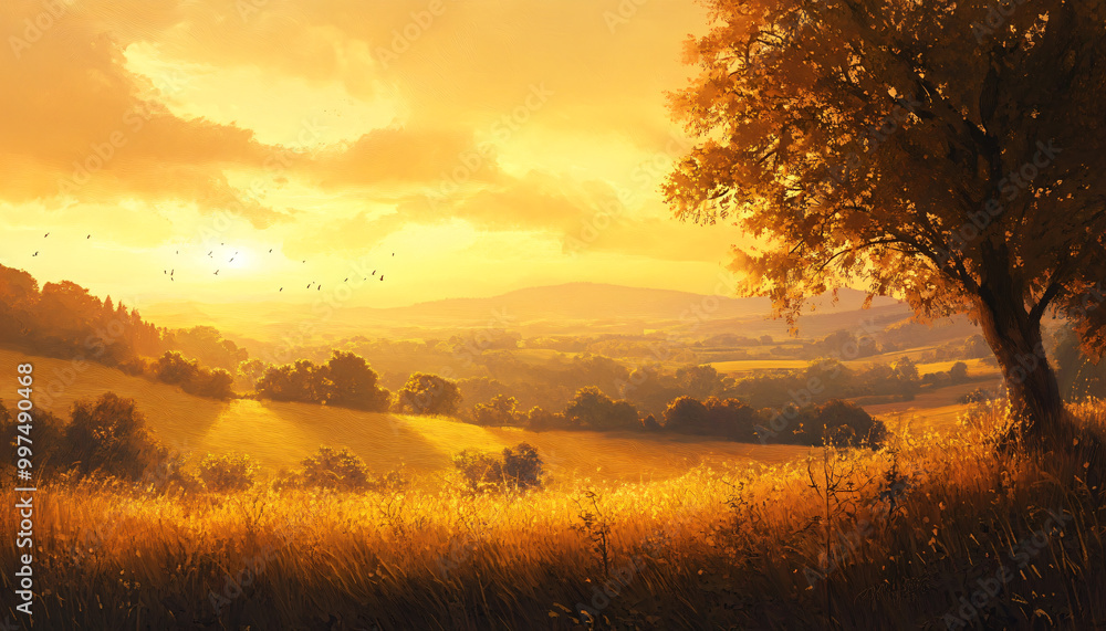 A sun-kissed landscape with warm golden hues over a quiet countryside, radiating tranquility and peace A sun-kissed landscape with warm golden hues over a quiet countryside, radiating tranquility and peace