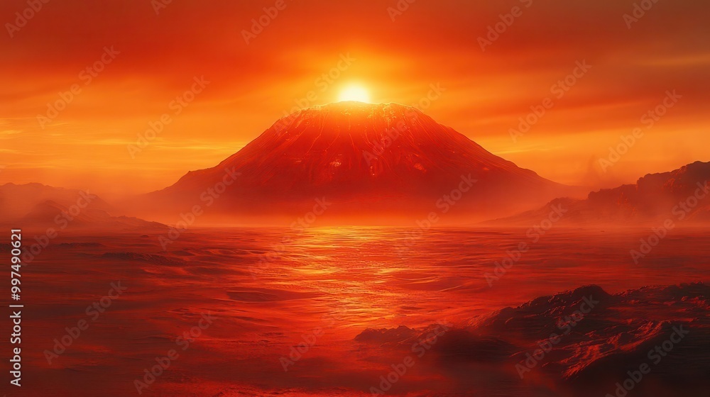 mars landscape with striking red sands and the looming olympus mons under a glowing sunset evoking a sense of desolation and wonder dust swirling in the air mars landscape with striking red sands and the looming olympus mons under a glowing sunset evoking a sense of desolation and wonder dust swirling in the air