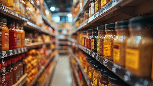 Fototapeta Naklejka Na Ścianę i Meble -  A Shelf of Jars of Spices in a Grocery Store