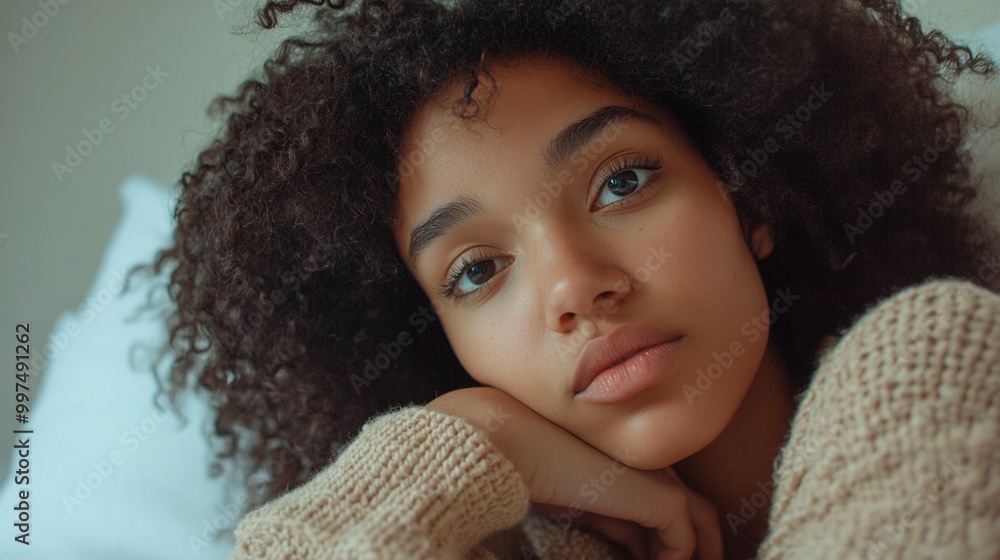 Close-up portrait of a young woman with curly hair and blue eyes, wearing a cozy knit sweater. Her expression is soft and contemplative as she rests her chin on her hand. Close-up portrait of a young woman with curly hair and blue eyes, wearing a cozy knit sweater. Her expression is soft and contemplative as she rests her chin on her hand.