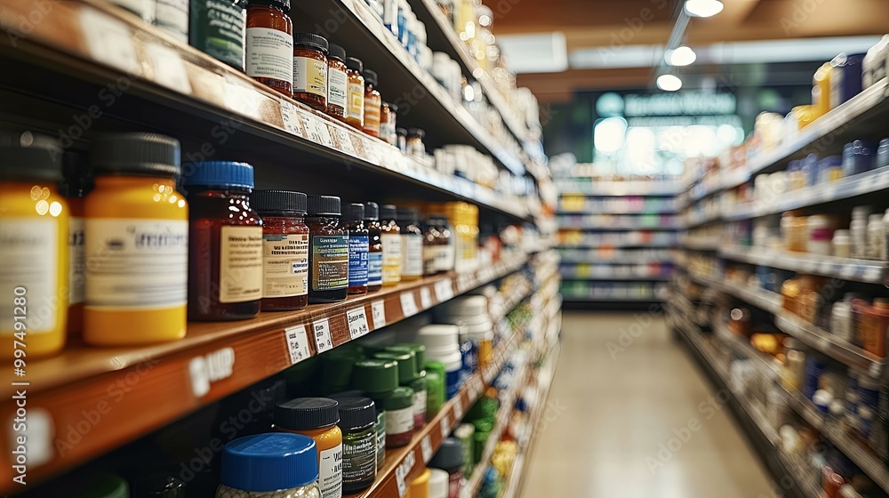 Close-up of a pharmacy aisle with various bottles of supplements and vitamins on shelves Close-up of a pharmacy aisle with various bottles of supplements and vitamins on shelves