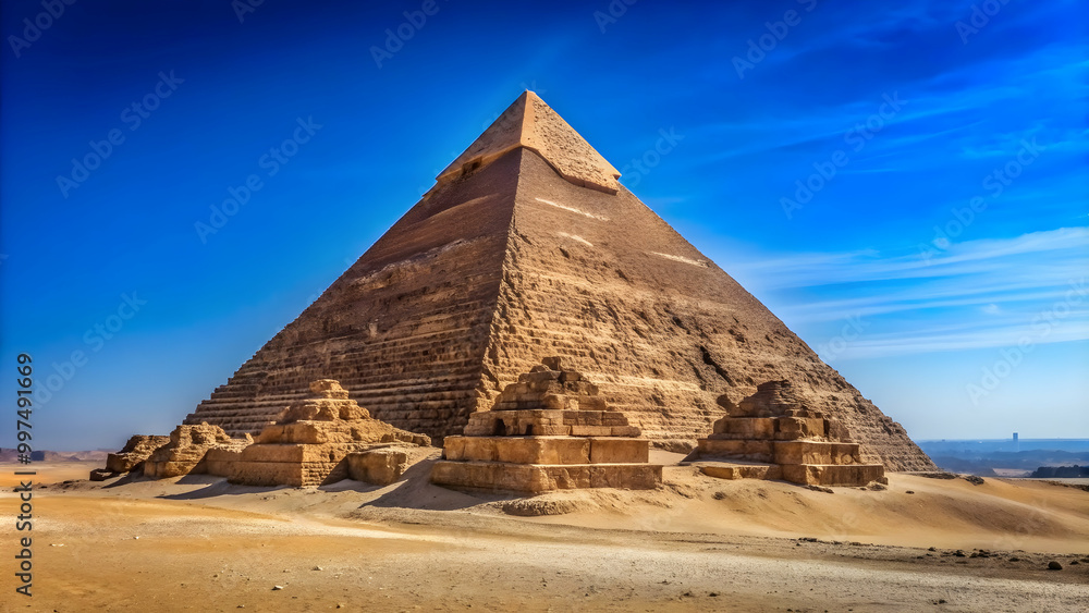 Majestic view of the Great Pyramid of Giza against a clear blue sky, ancient, wonder, architecture, Egypt, historical Majestic view of the Great Pyramid of Giza against a clear blue sky, ancient, wonder, architecture, Egypt, historical