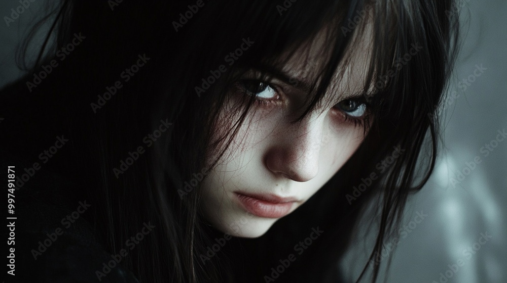 Intense gaze pierces through dark bangs, revealing a haunting beauty in this close-up portrait. Pale skin contrasts with raven hair, creating a mesmerizing and enigmatic atmosphere. Intense gaze pierces through dark bangs, revealing a haunting beauty in this close-up portrait. Pale skin contrasts with raven hair, creating a mesmerizing and enigmatic atmosphere.