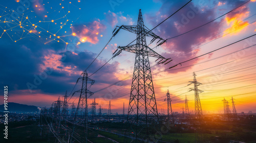 This image shows a new way to manage energy using a network of smaller power sources, like solar panels or batteries, and a virtual power plant controlled by software.