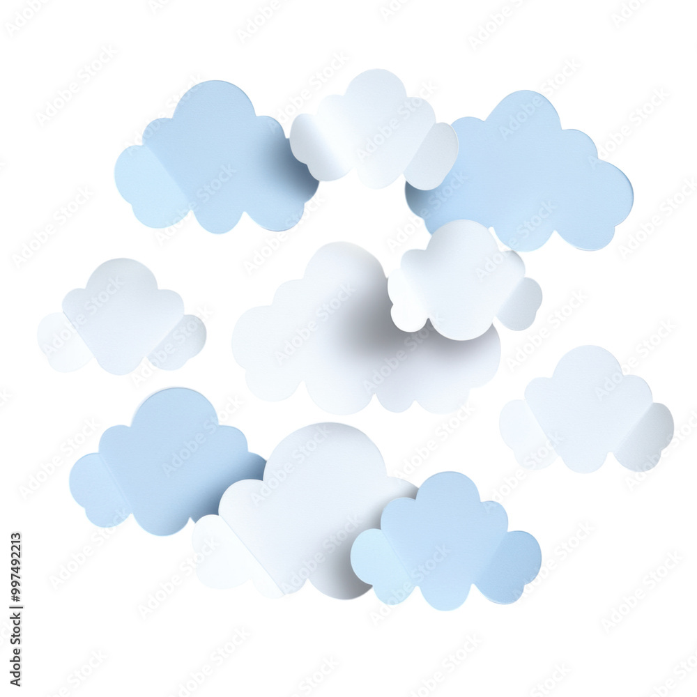 Paper cut-out cloud shapes for whimsical designs, png, transparent background. Paper cut-out cloud shapes for whimsical designs, png, transparent background.