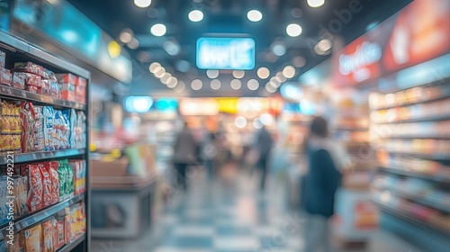 Blurred View of a Convenience Store Aisle with Snacks and Customers