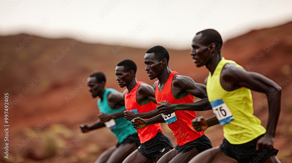 Runners in vibrant jerseys sprint along a rugged terrain, showcasing athleticism and determination during a competitive race. Runners in vibrant jerseys sprint along a rugged terrain, showcasing athleticism and determination during a competitive race.