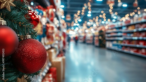 Red Christmas Ornament on a Branch in a Blurred Grocery Store Aisle