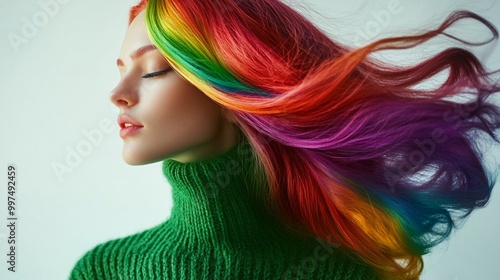 Vibrant rainbow-colored hair flows gracefully, framing a serene face with closed eyes. The striking contrast against a green turtleneck creates a captivating visual symphony of hues.