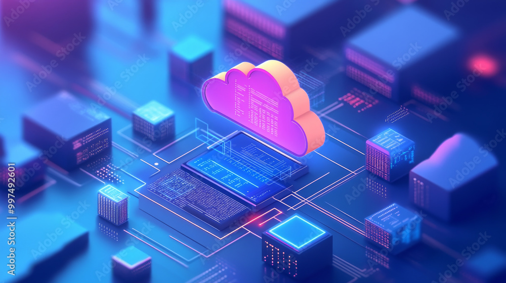 This image shows a 3D illustration of a cloud database system. It highlights how devices and databases work together in a digital cloud environment. This image shows a 3D illustration of a cloud database system. It highlights how devices and databases work together in a digital cloud environment.