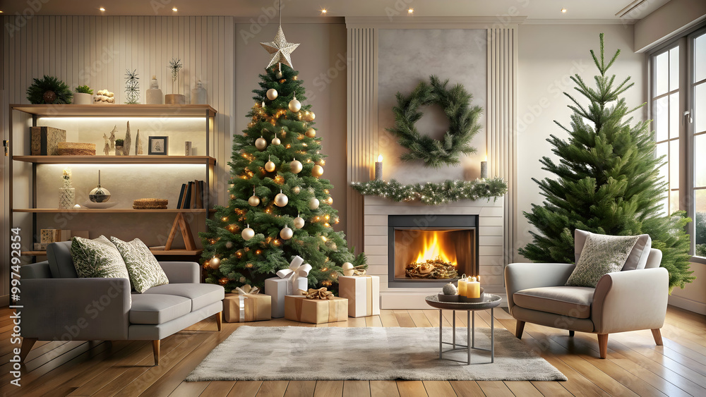 New year tree in cozy scandinavian interior with festive decorations and fireplace , scandinavian style New year tree in cozy scandinavian interior with festive decorations and fireplace , scandinavian style