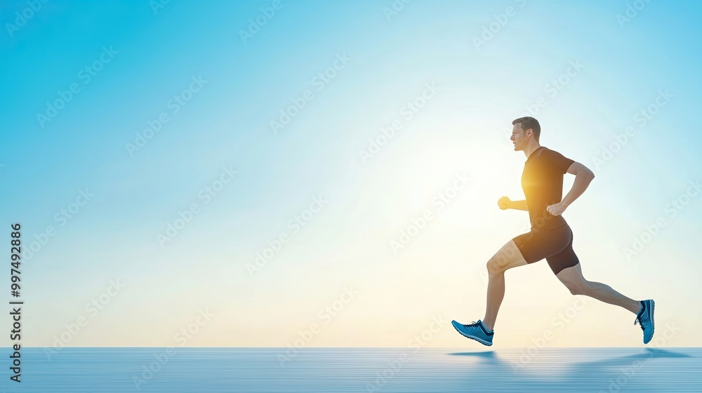 A runner sprinting toward a bright horizon, embodying energy and motion under a clear blue sky.