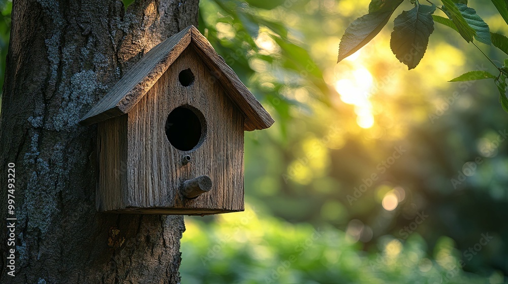 Wooden Birdhouse Mounted on a Tree Trunk in a Sunlit Forest Wooden Birdhouse Mounted on a Tree Trunk in a Sunlit Forest