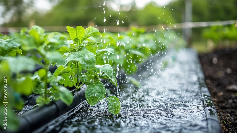 A close-up of a rainwater harvesting system used to irrigate crops on a sustainable farm A close-up of a rainwater harvesting system used to irrigate crops on a sustainable farm