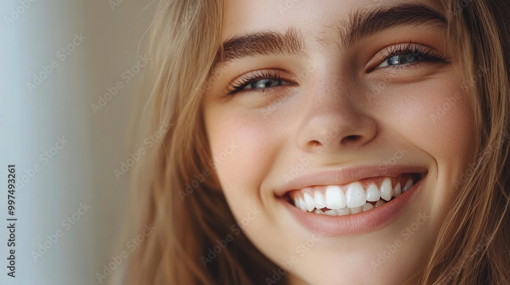 Radiant smile illuminates a close-up portrait, showcasing perfect white teeth and sparkling blue eyes. Natural beauty shines through in this joyful expression. Radiant smile illuminates a close-up portrait, showcasing perfect white teeth and sparkling blue eyes. Natural beauty shines through in this joyful expression.
